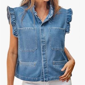 Light Blue Denim Vest with Ruffle Sleeves